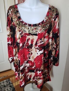 Laura Ashley Red Floral Metallic Ornatic Scoop Neck Tunic, 3X